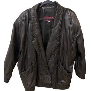 80s Vintage Black Patch Leather Coat Oversized Size Medium Y2K 90s Rare Find